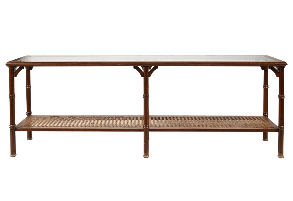 STAINED WOOD AND CANE TIERED SOFA