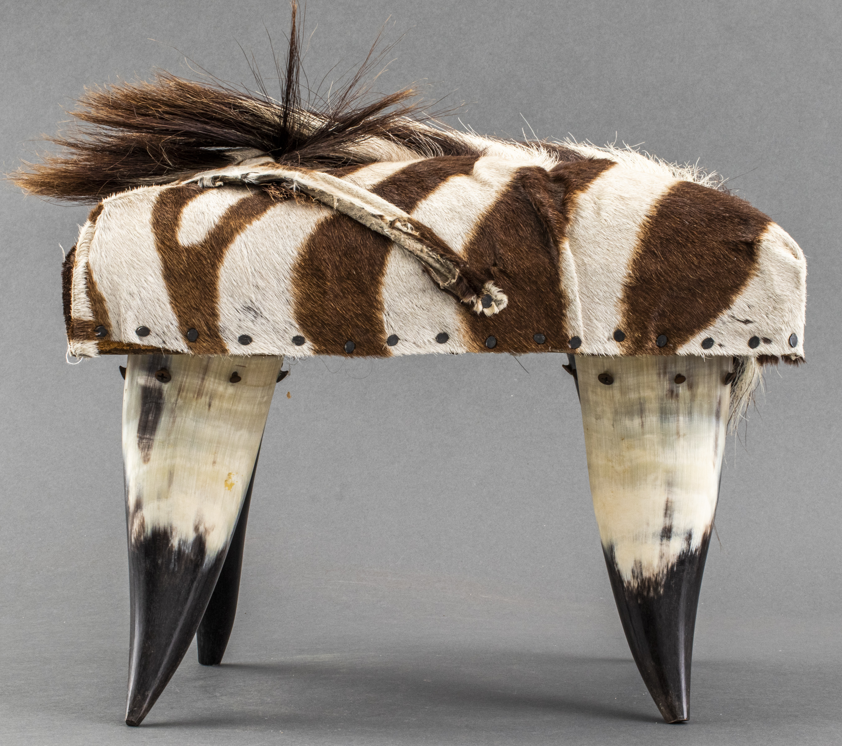 STEER HORN AND ZEBRA HIDE STOOL