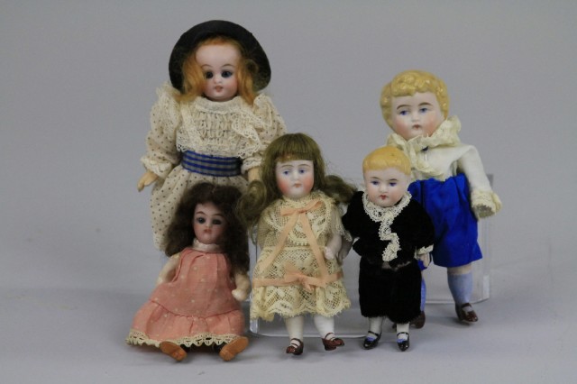 STEIFF GOAT AND FIVE BISQUE DOLL
