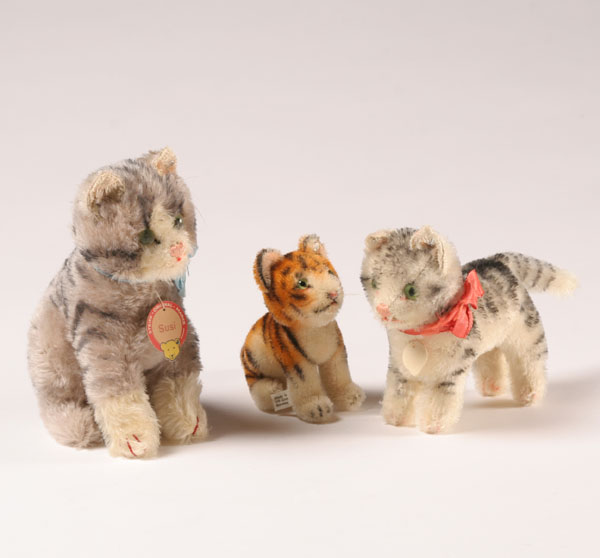 Steiff tiger cub, and two cats: