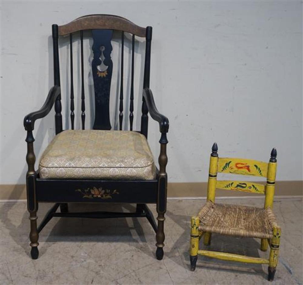 STENCIL DECORATED EBONIZED ARMCHAIR