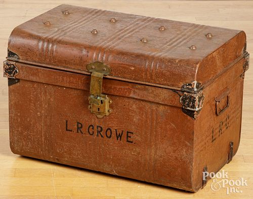 STENCILED TIN TRAVEL TRUNK, EARLY