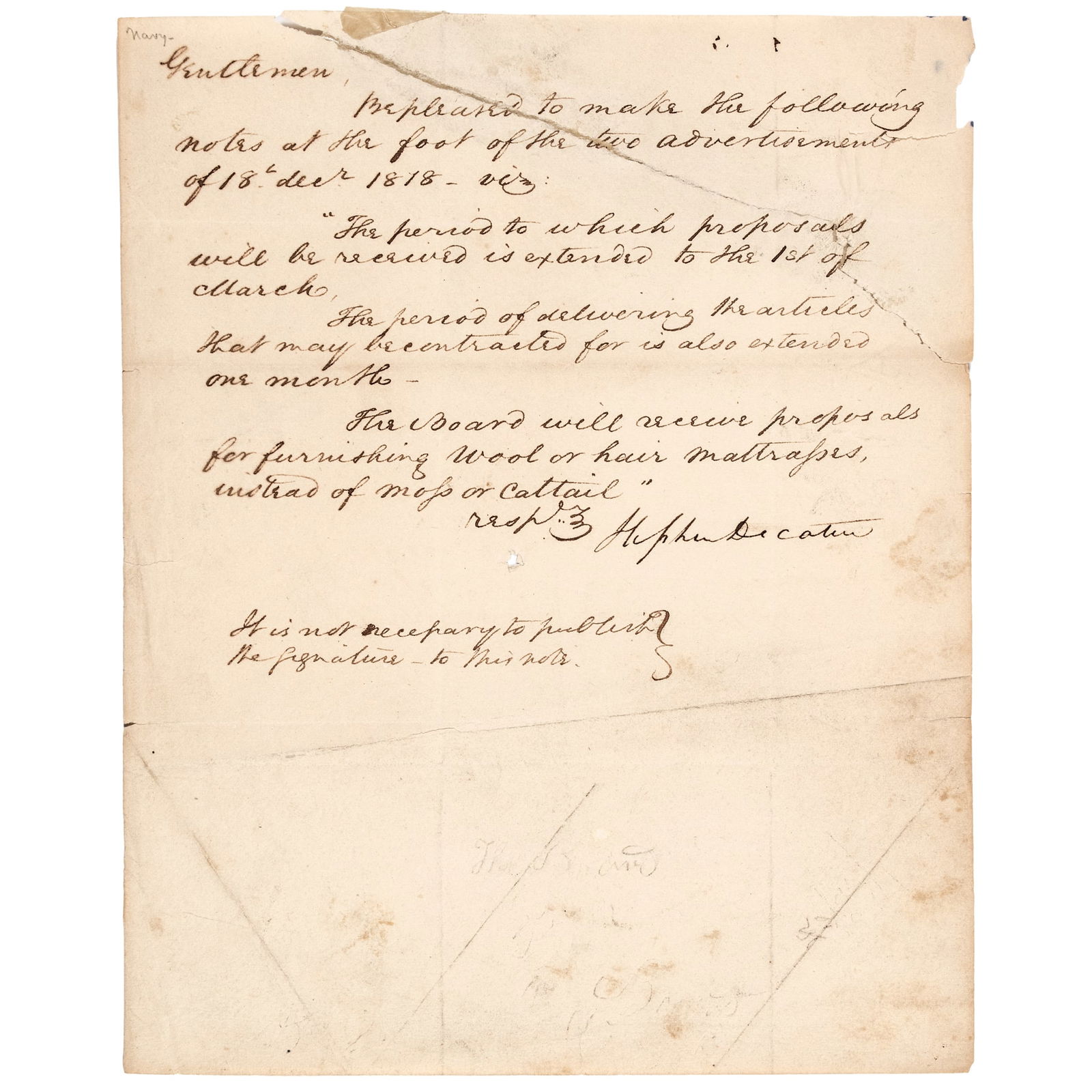 STEPHEN DECATUR 1818 LETTER