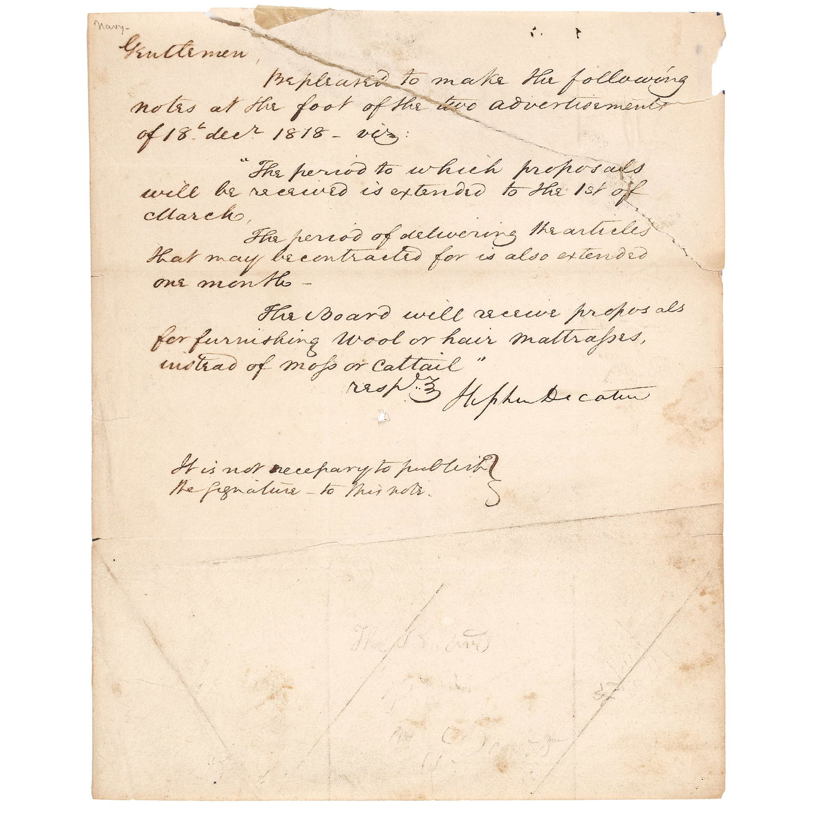 STEPHEN DECATUR 1818 LETTER
