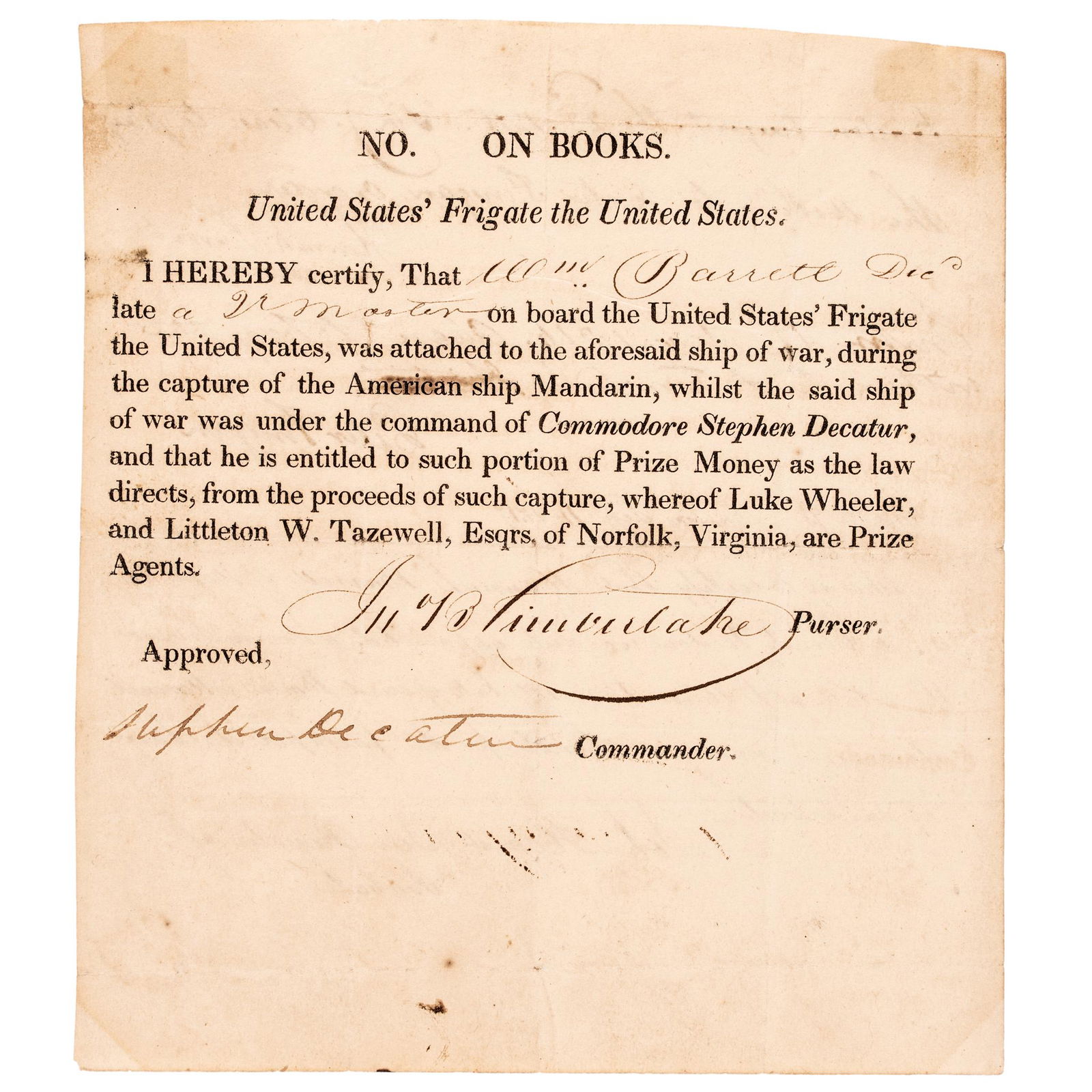 STEPHEN DECATUR COMMANDER OF THE
