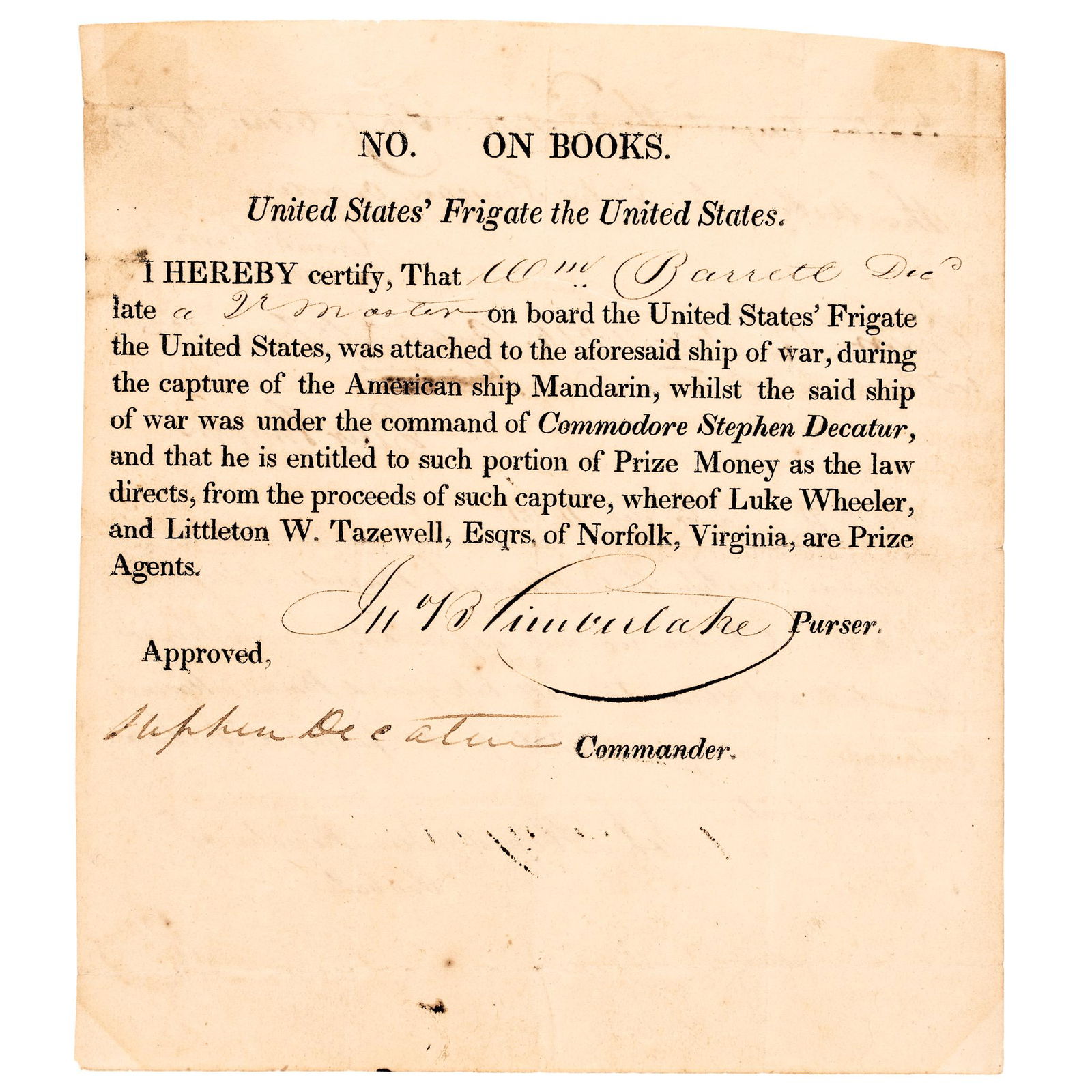 STEPHEN DECATUR COMMANDER OF THE