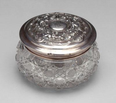 Sterling, cut glass dresser jar,