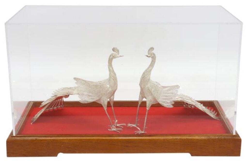 STERLING FILIGREE PEACOCKS IN PLEXI