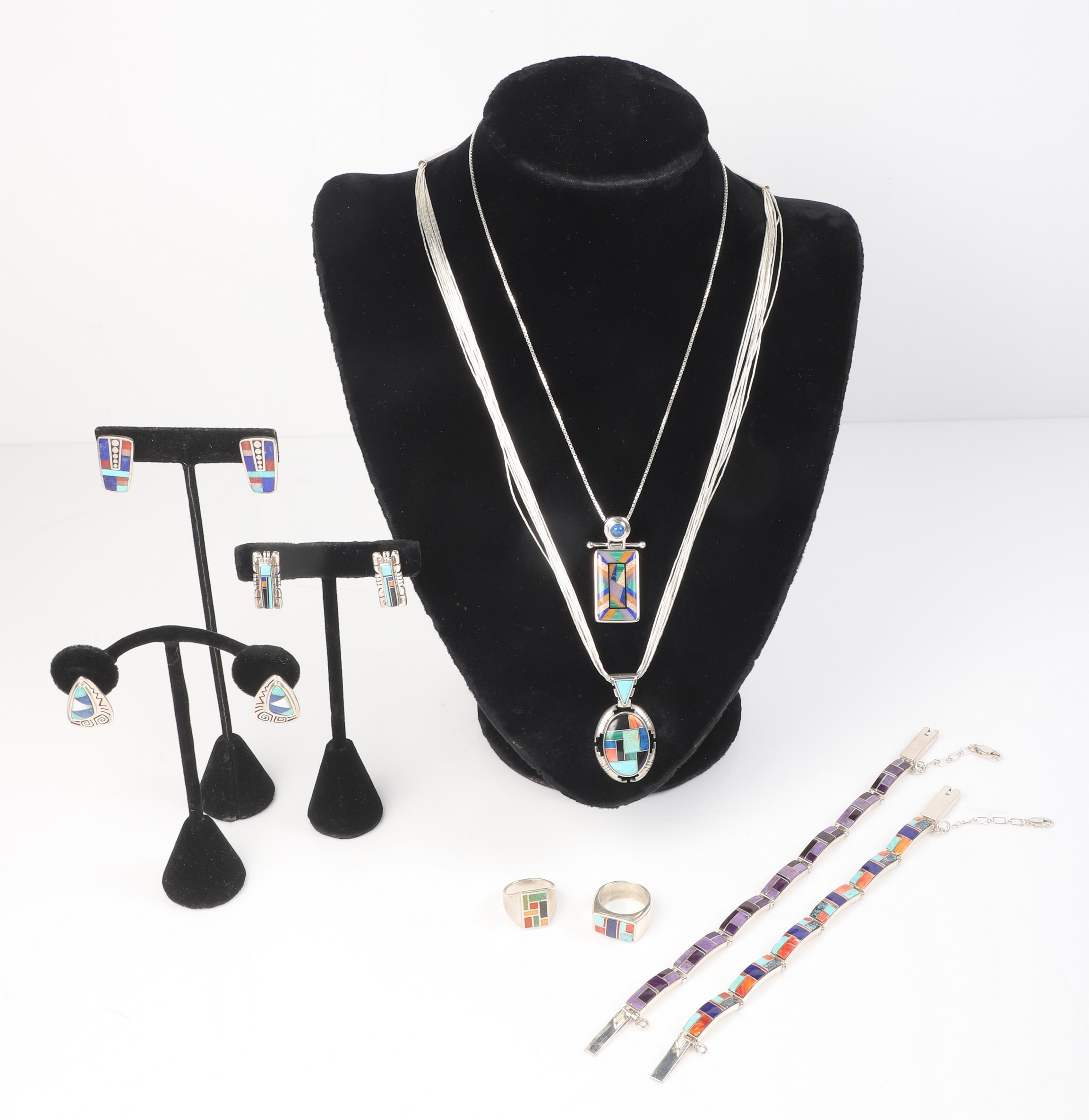 Sterling inlaid jewelry grouping to