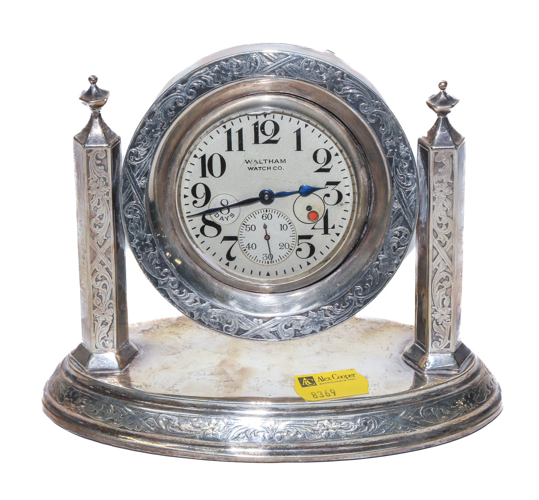 STERLING MOUNTED WALTHAN DESK CLOCK