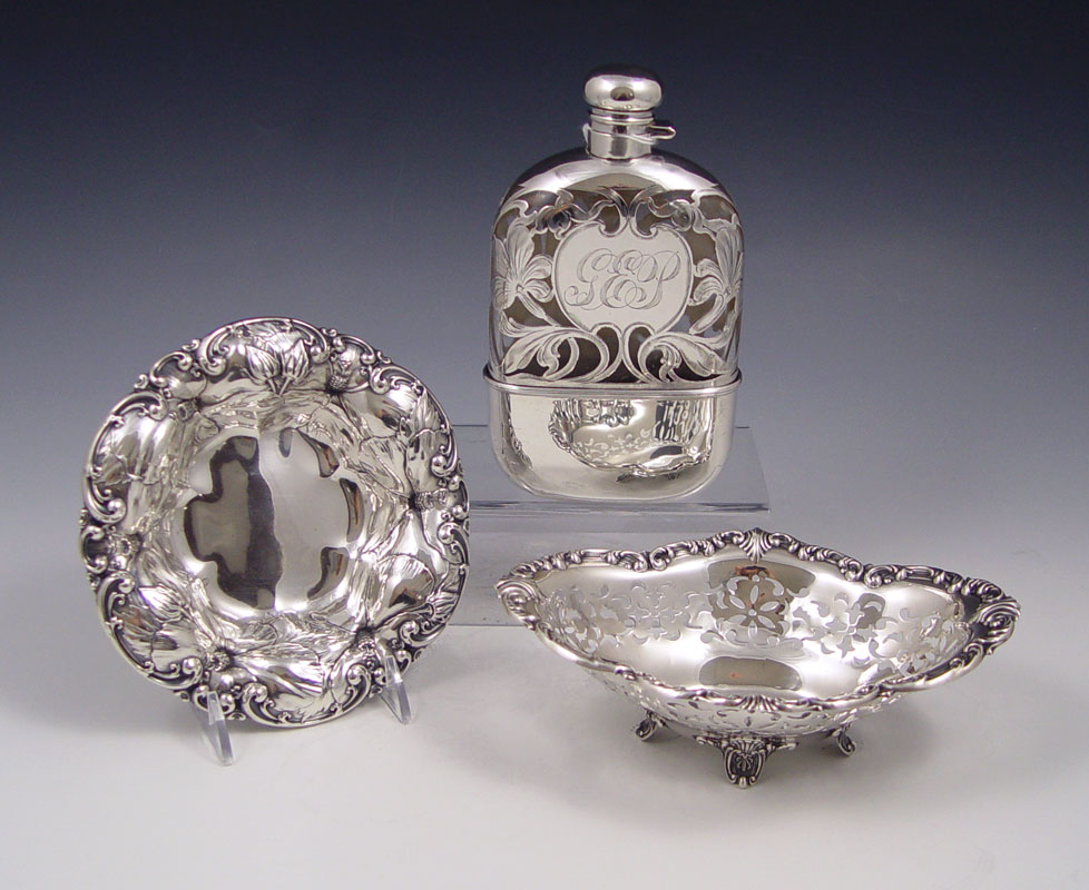 STERLING OVERLAY FLASK & 2 STERLING