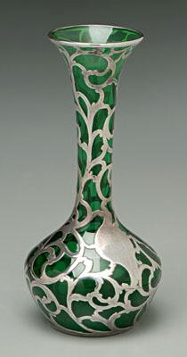 Sterling overlay vase, green glass,
