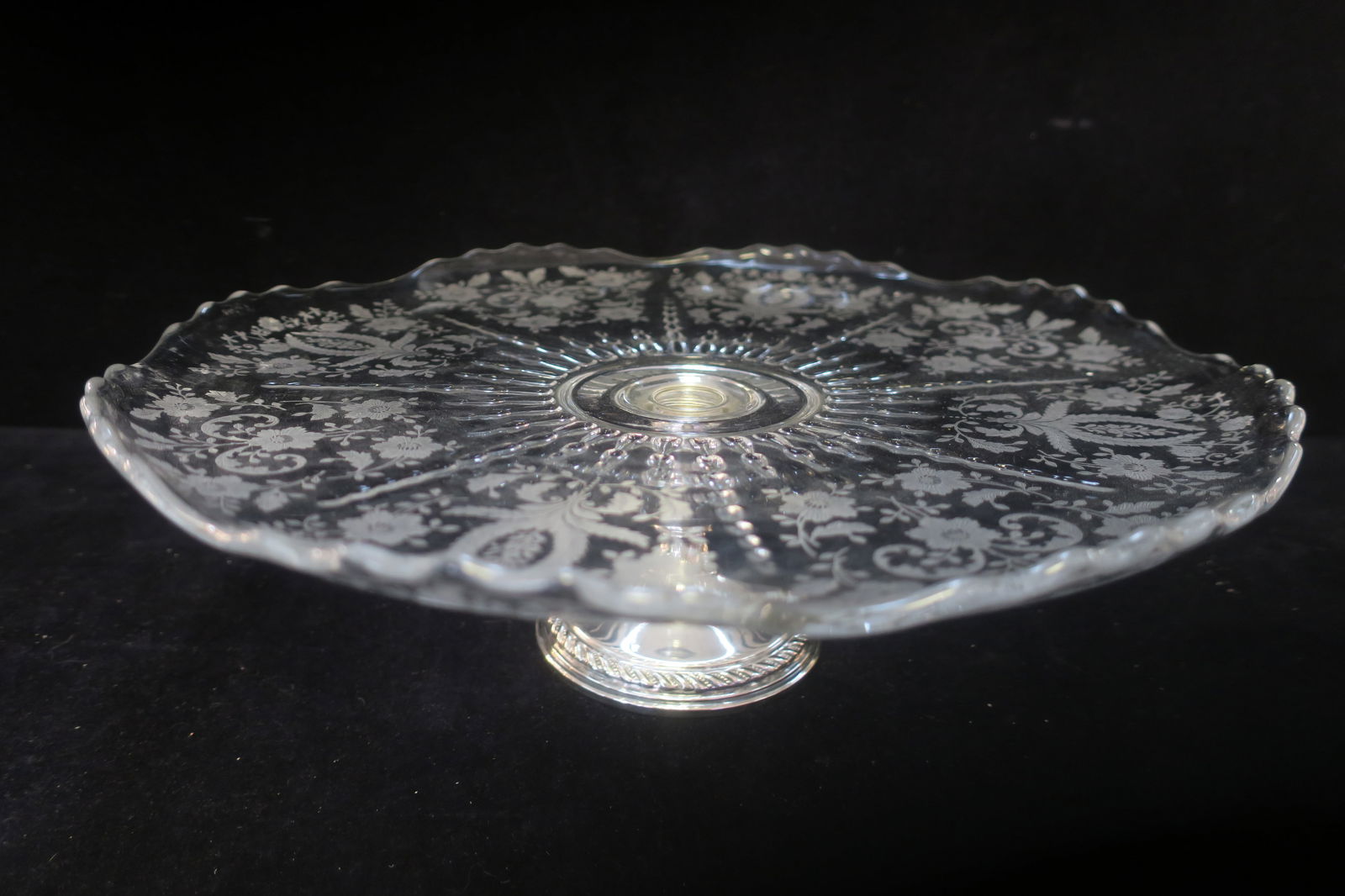 STERLING PEDESTAL GLASS CAKE STAND,
