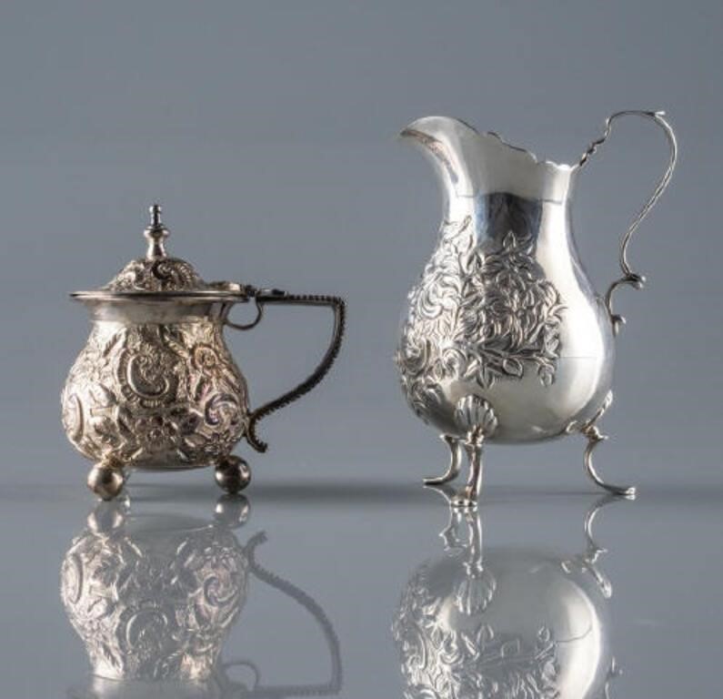 STERLING SILVER CREAM JUG & MUSTARD