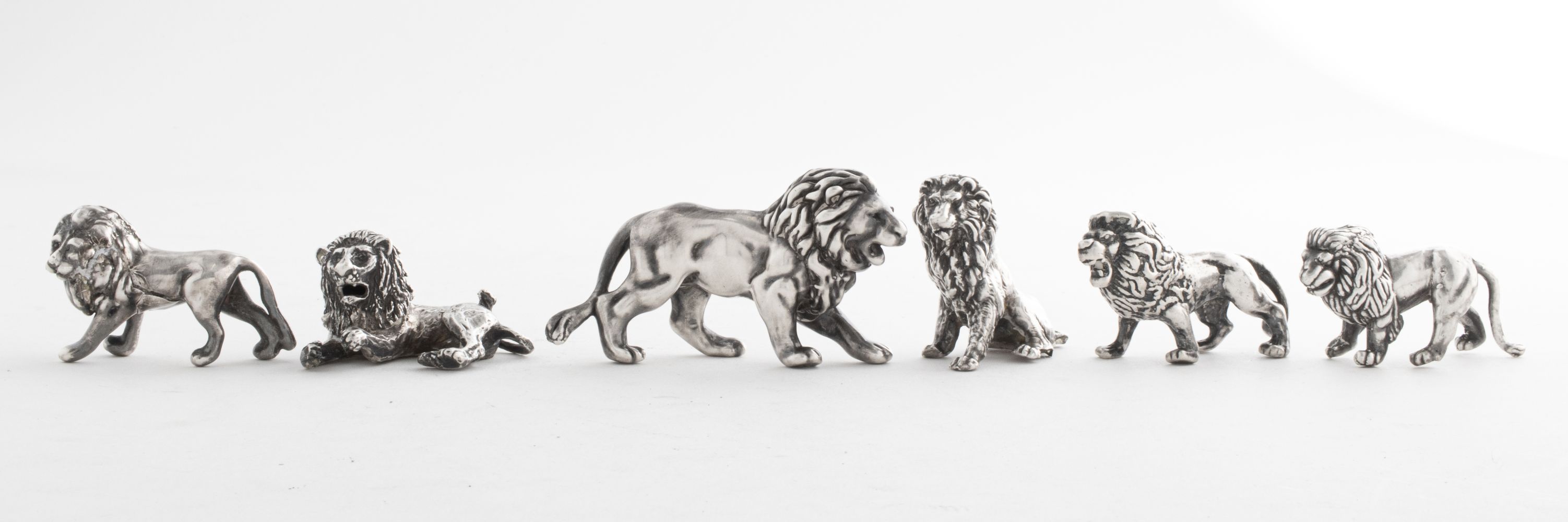 STERLING SILVER LION FIGURINES, 6