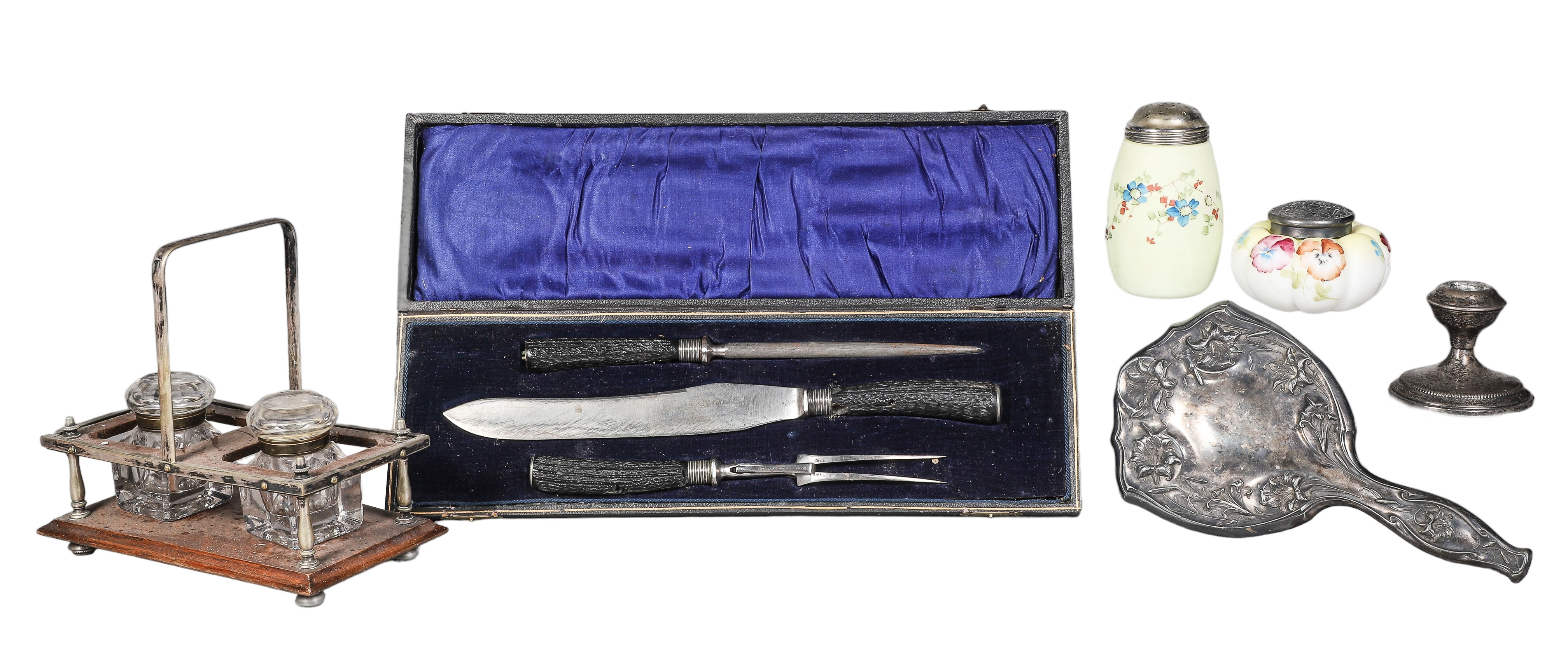 Sterling, silver plate and glass