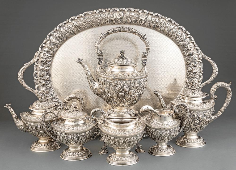 STERLING SILVER REPOUSSE TEA AND