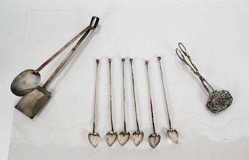 STERLING SILVER TONGS, AND 7