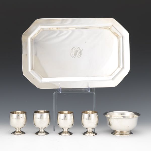 STERLING SILVER TRAY, FOUR BRANDY