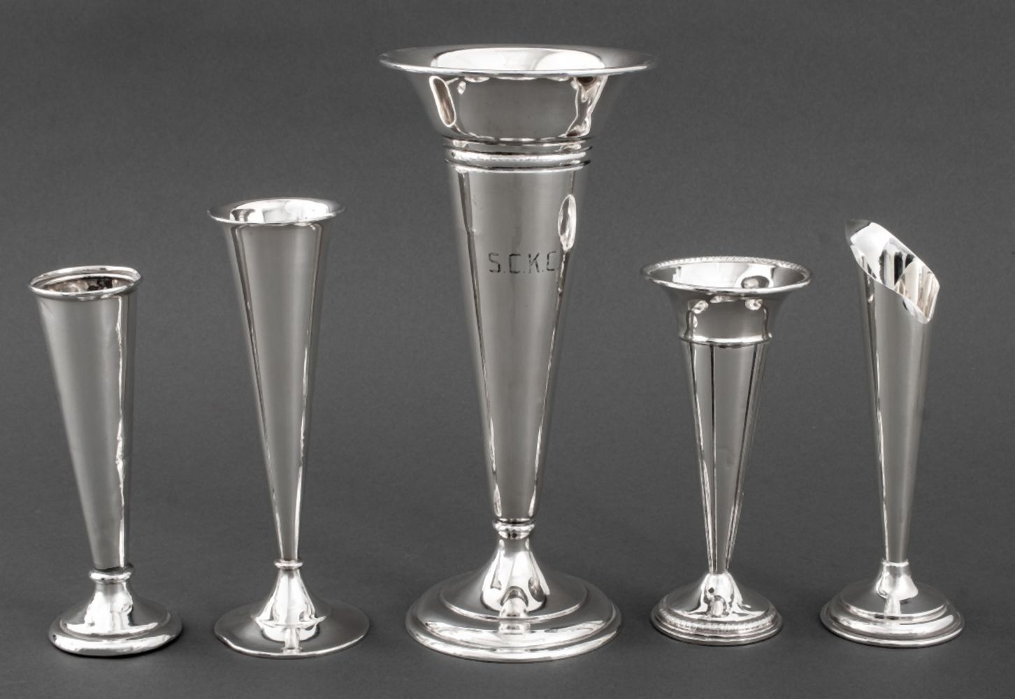 STERLING SILVER TRUMPET VASES, 5