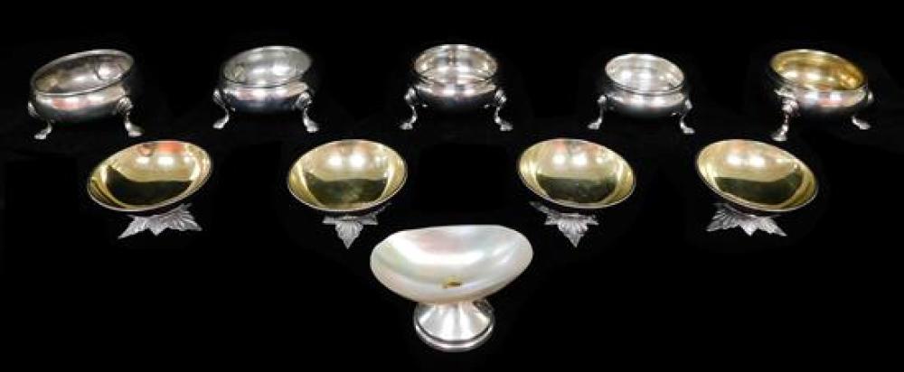 STERLING: TEN OPEN SALTS, MOSTLY