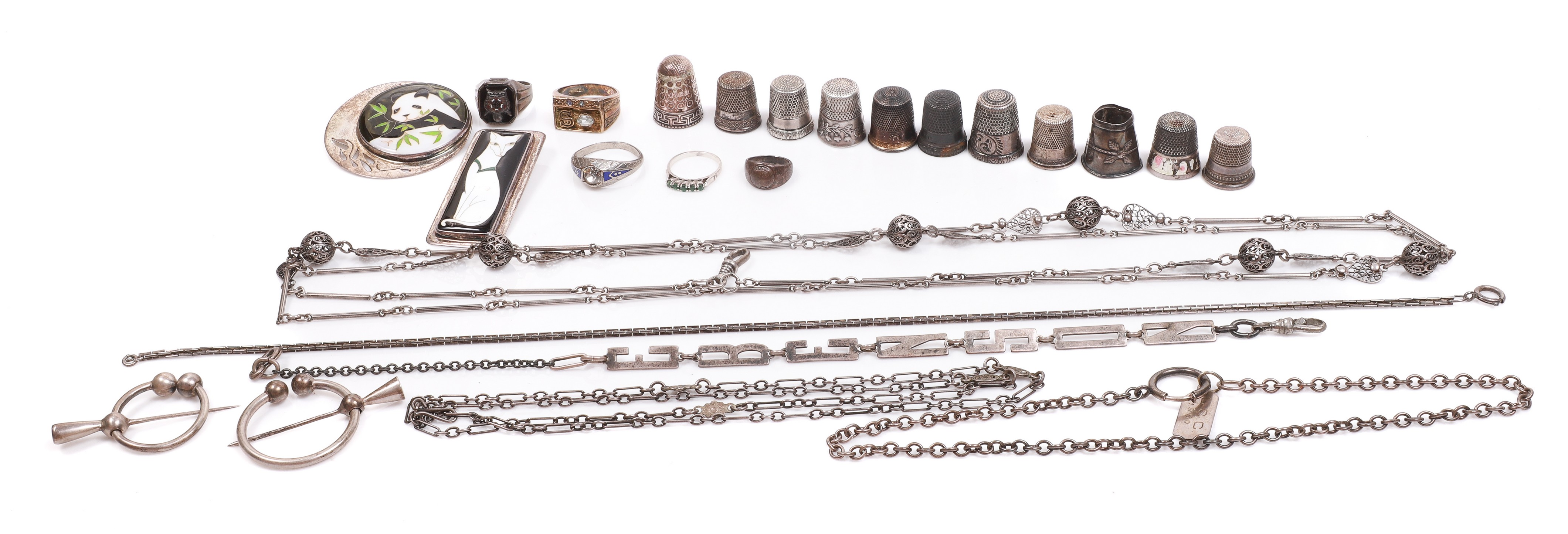 Sterling watch chains, rings, pins,