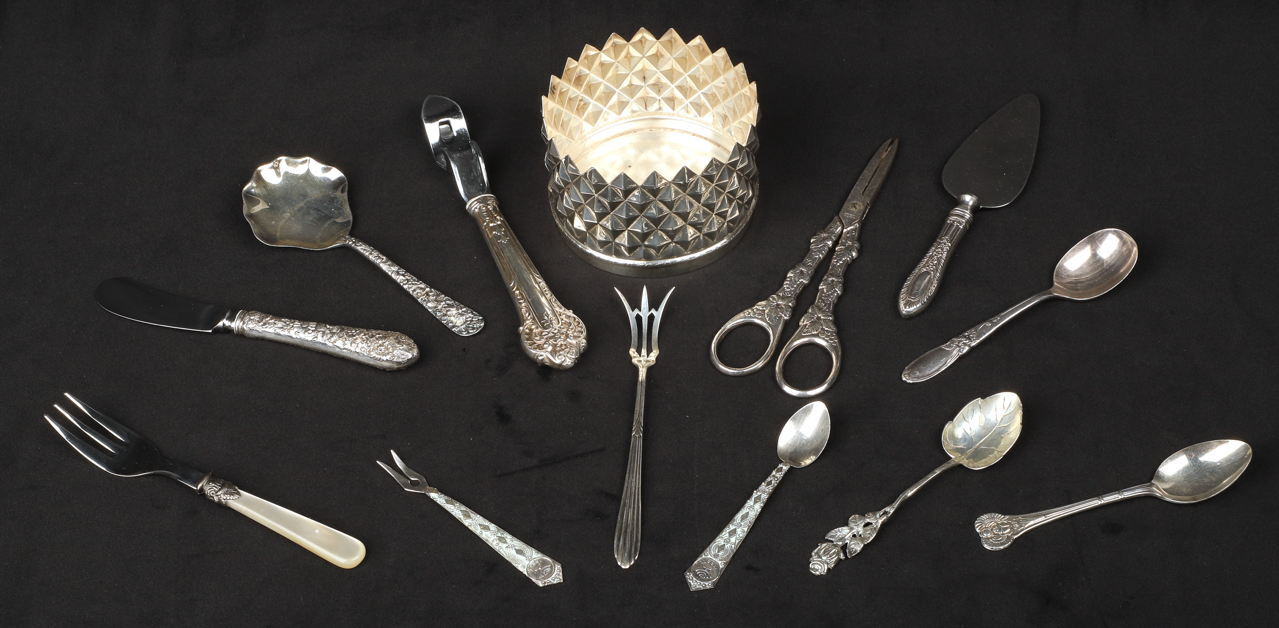 Sterling wine stand, flatware and