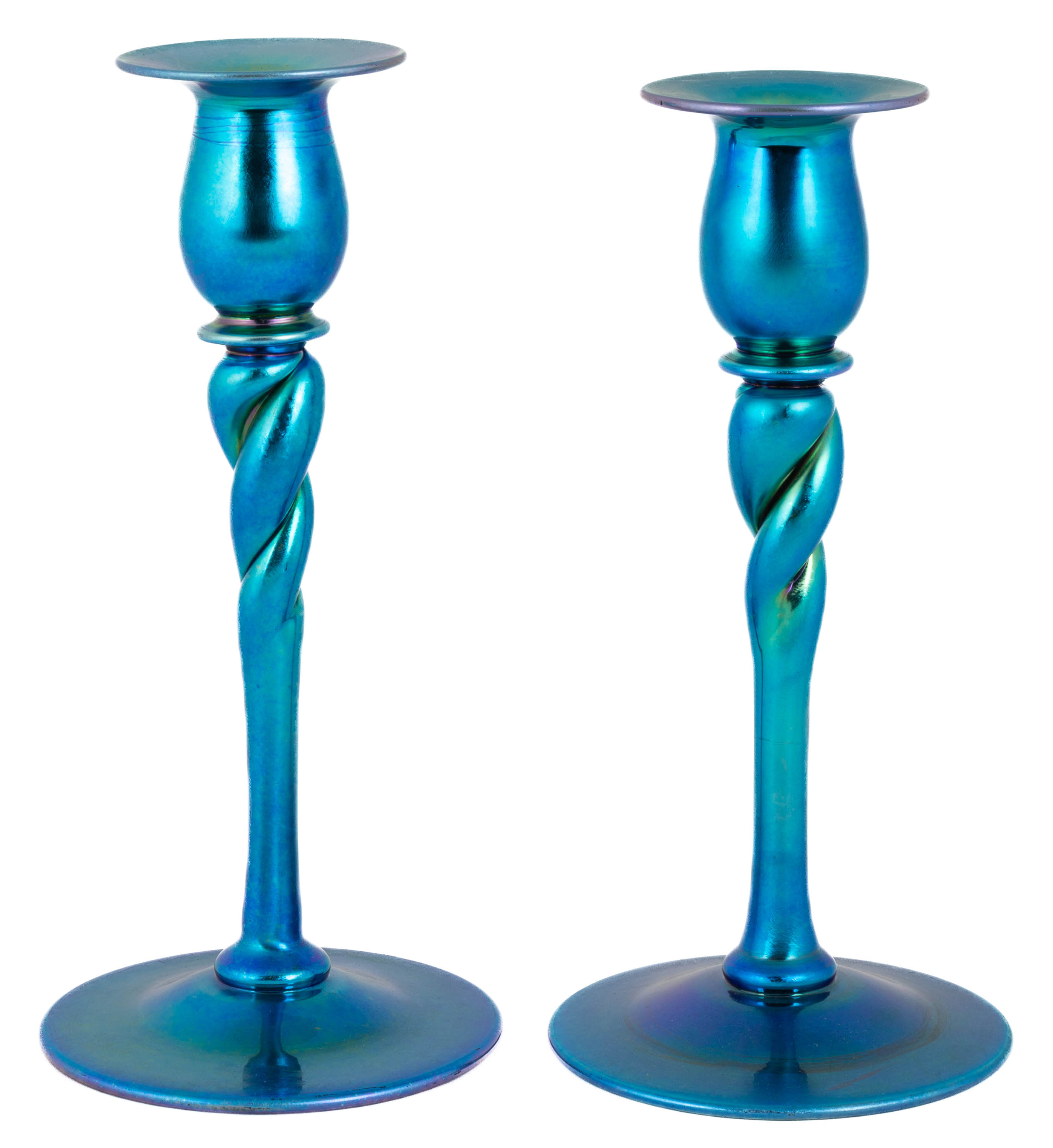 STEUBEN BLUE AURENE CANDLESTICKS