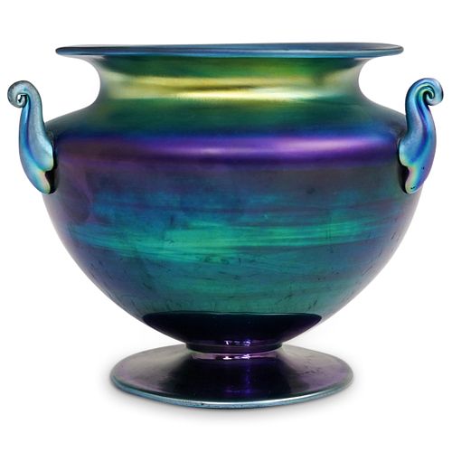 STEUBEN BLUE AURENE FOOTED VASE