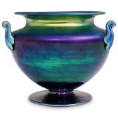 STEUBEN BLUE AURENE FOOTED VAS