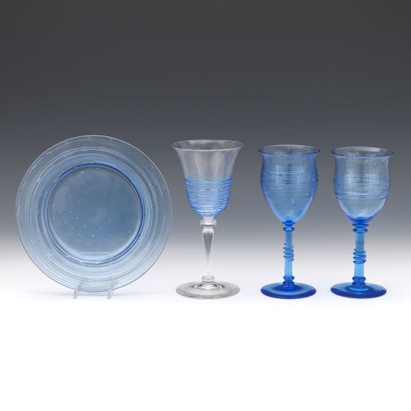 STEUBEN BLUE GOBLETS AND PLATE 