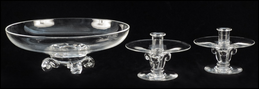 STEUBEN BOWL AND CANDLESTICKS.