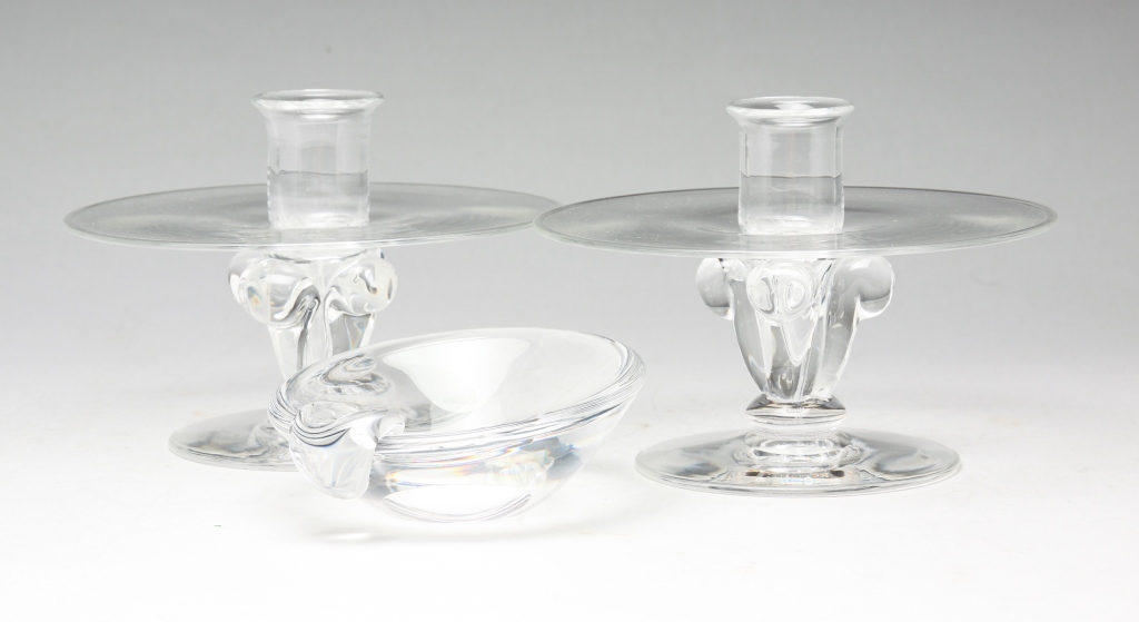 STEUBEN CANDLESTICKS AND ASHTRAY.