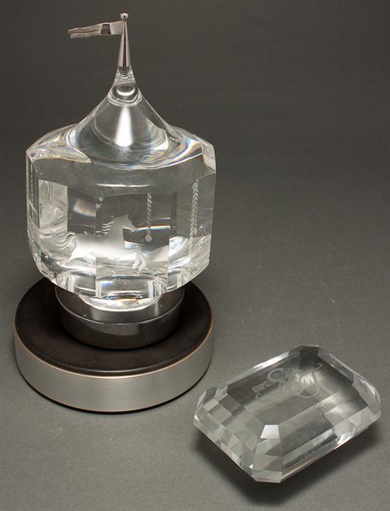 Steuben etched crystal and metal