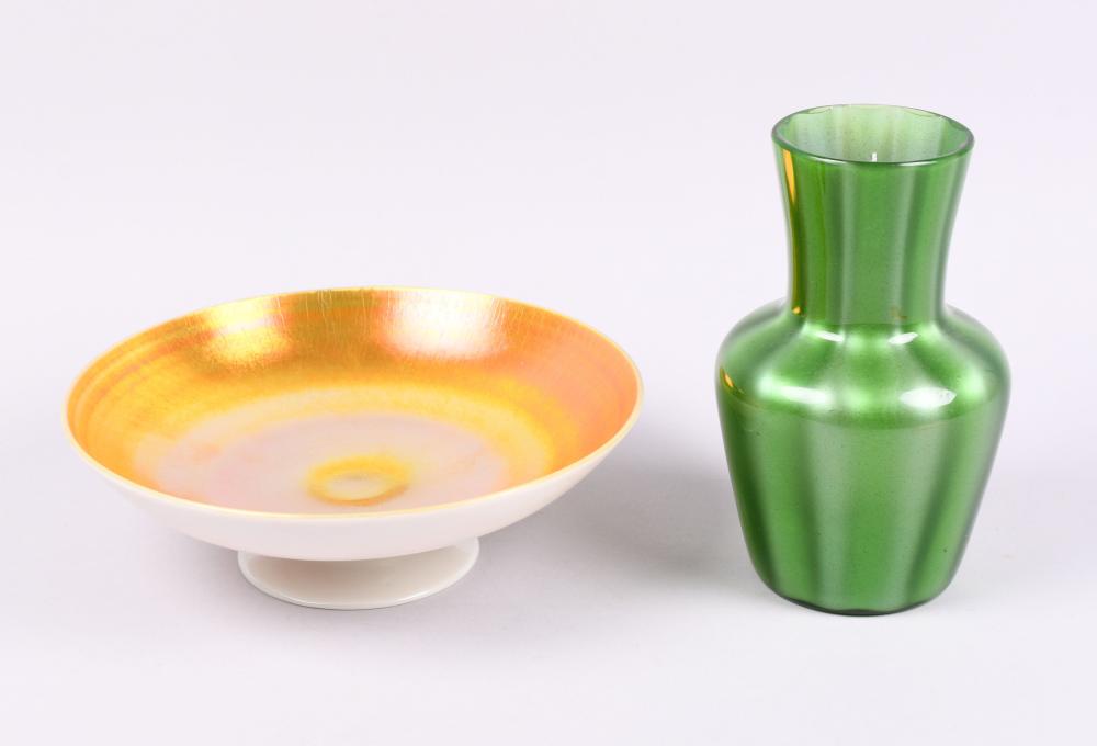 STEUBEN GOLD AURENE FOOTED DISH AND