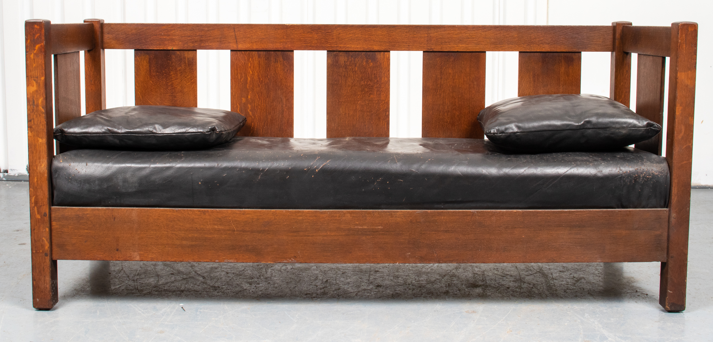 STICKLEY OAK AND BLACK LEATHER SOFA