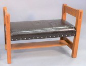 STICKLEY OAK BENCH,TACKED BLAC