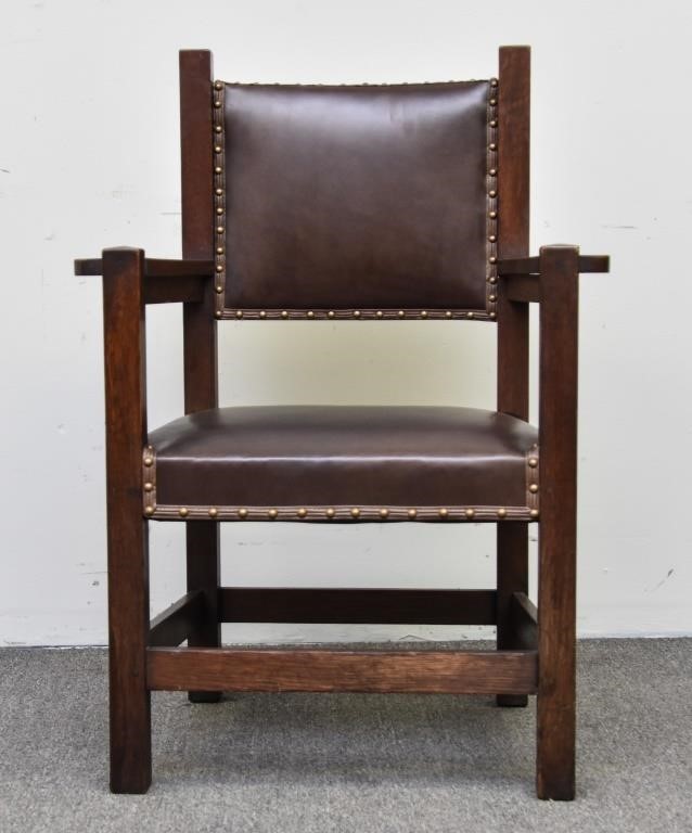 Stickley style oak open armchair,