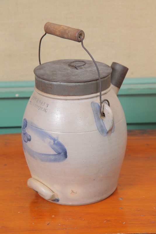 STONEWARE BATTER JUG. With tin lids