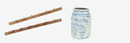 STONEWARE CROCK AND PEG BOARDS. 