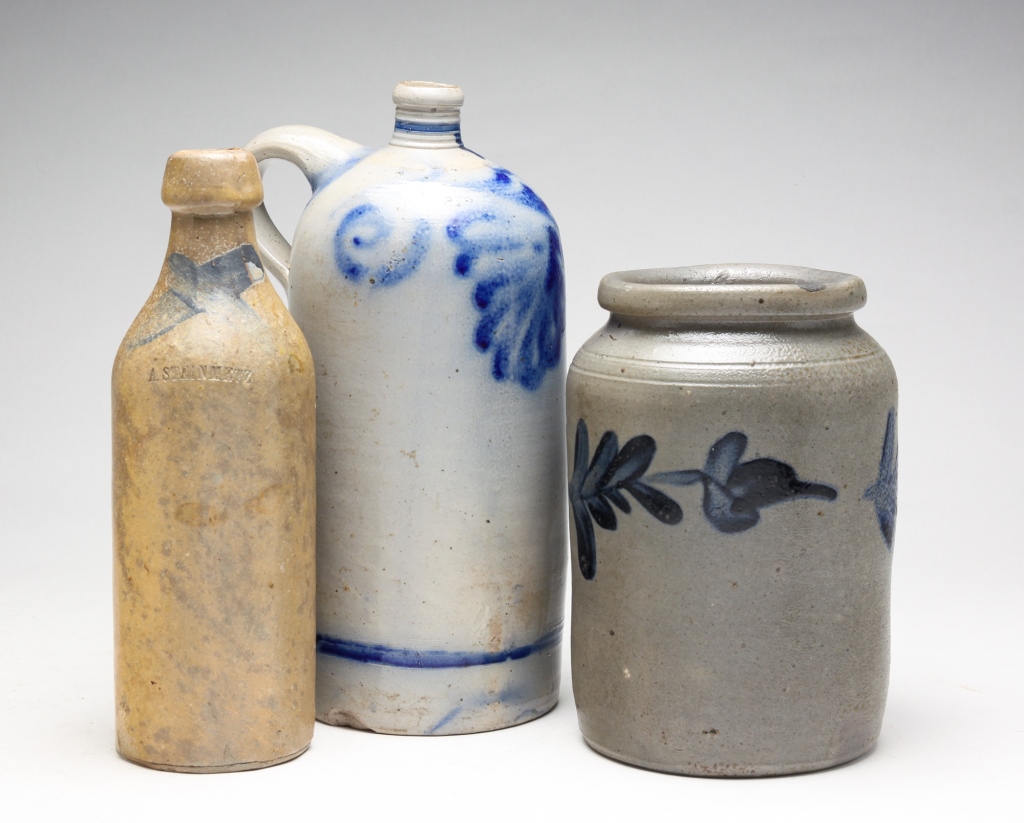 STONEWARE JAR AND TWO STONEWARE