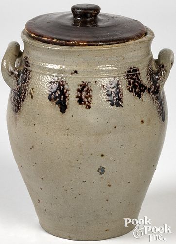 STONEWARE LIDDED OVOID CROCK, EARLY