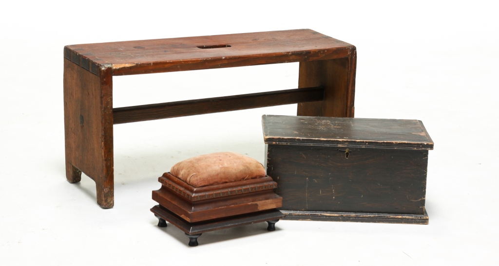 STOOL, BOX AND THREAD CADDY.