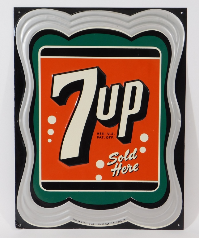 STOUT SIGN CO. 7 UP SOLD HERE TIN