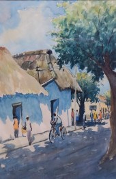 STREET SCENE WITH BIKER, WATER