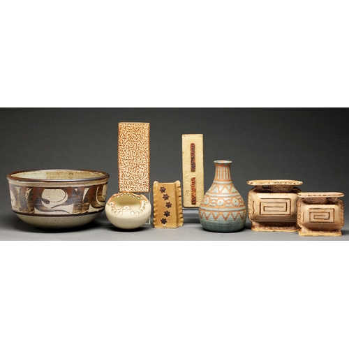 Studio pottery. Bowl and seven