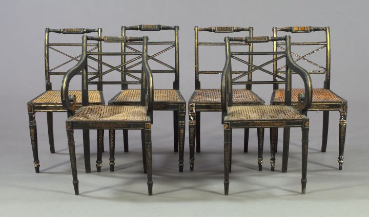 Suite of Six Ebonized and Stenciled