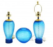 SUITE OF THREE ART GLASS AQUA-