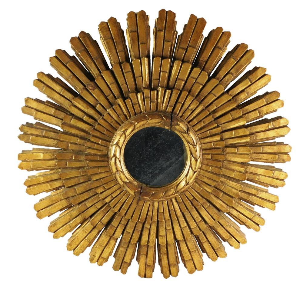 SUNBURST WALL MIRROR, GILDED WOOD