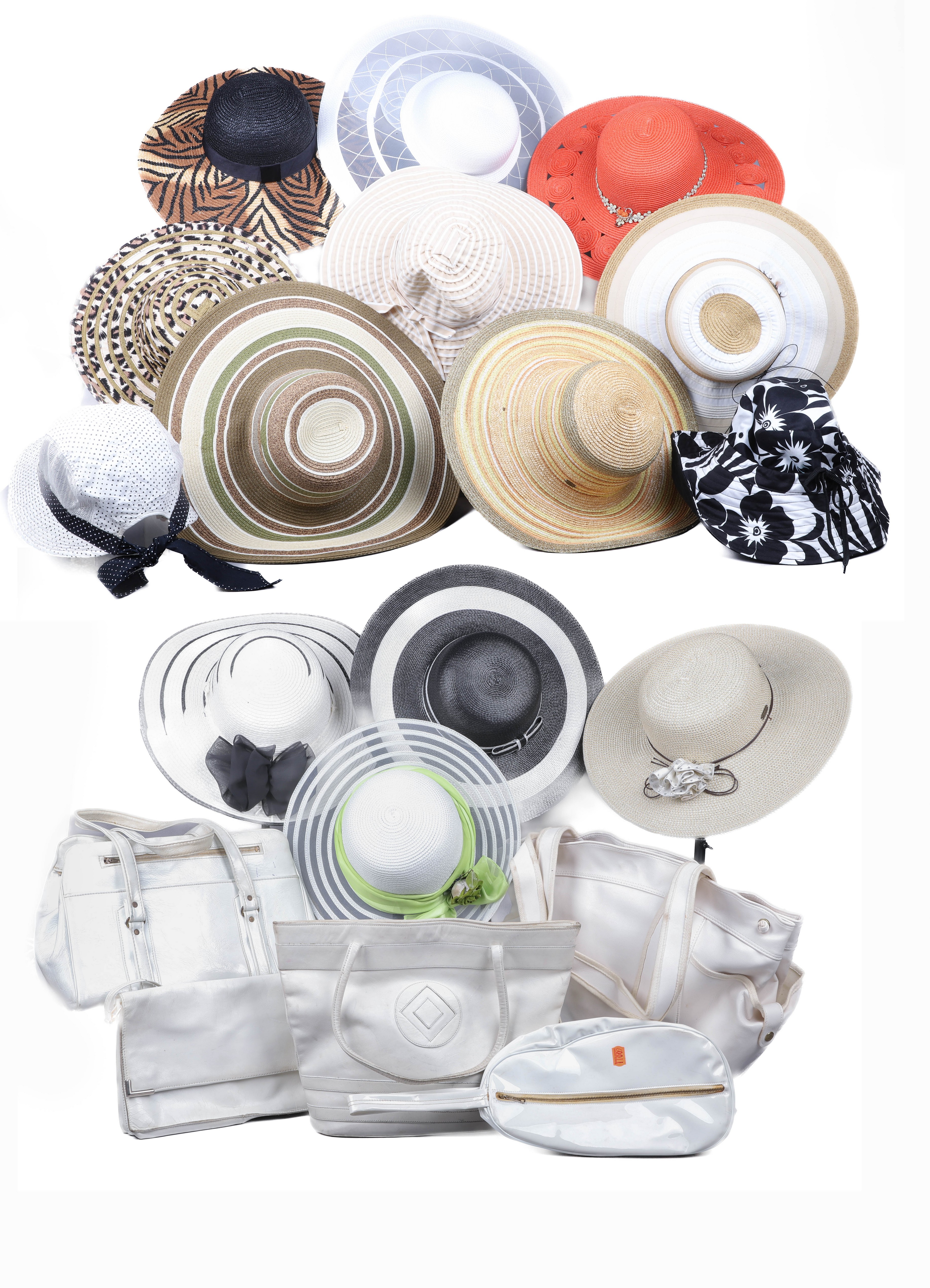 Sunhats and vintage purses to